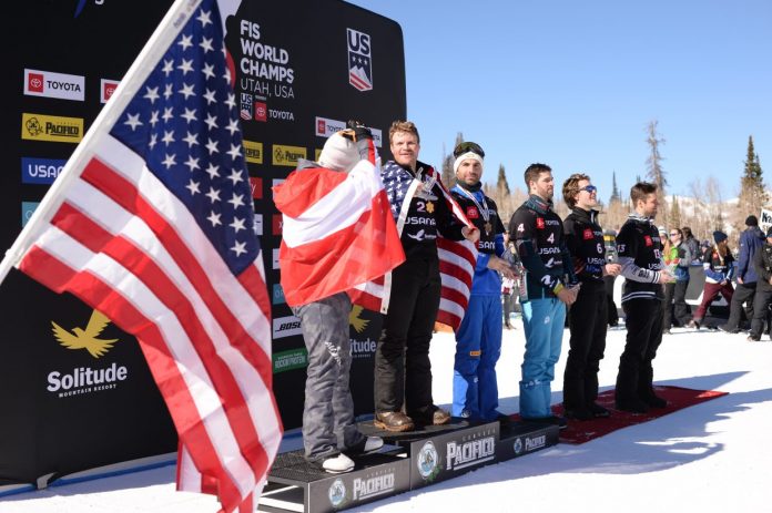 USA’s Mick Dierdorff (Steamboat Springs, Colo.) celebrates his 2019 World Championships snowboardcross gold medal win with his family and teammates at Solitude Mountain Resort. (Steve Kornreich)